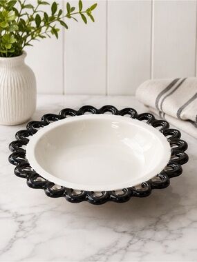 Black White Ceramic Serving Bowl Scalloped Lace Rim 8” Decorative Centerpiece